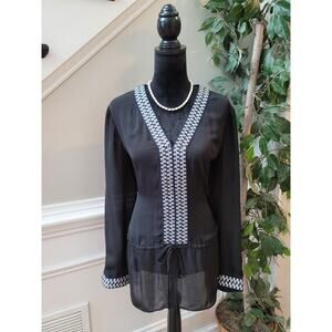 Premise Studio Tunic Blouse Women's Large Black White Long Sleeve Sheer Top